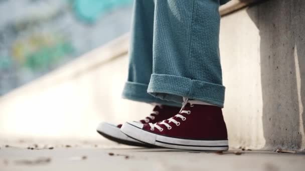 Human Legs Red Sneakers Dancing Floor Stairs Outdoors — Stock Video