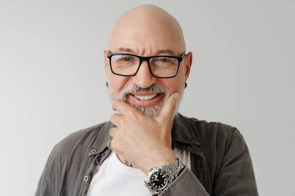 Bald European Man Eyeglasses Laughing Looking Camera Isolated White Background — Stockfoto