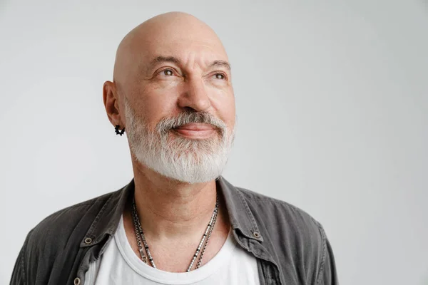 Bald European Man Beard Posing Looking Aside Isolated White Background — Foto Stock
