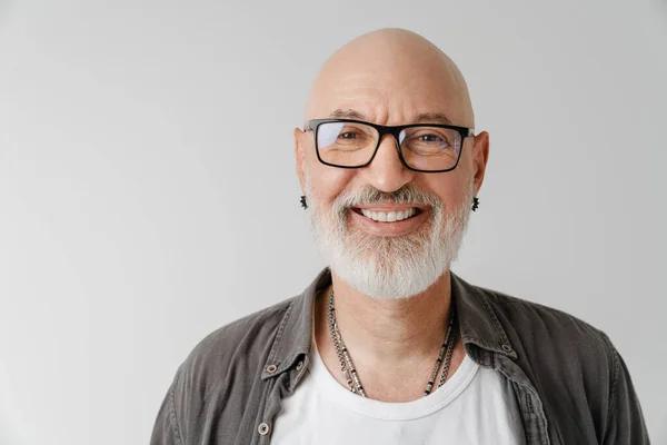 Bald European Man Eyeglasses Laughing Looking Camera Isolated White Background — стоковое фото