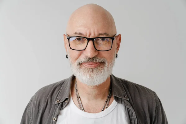 Bald European Man Eyeglasses Posing Looking Camera Isolated White Background —  Fotos de Stock