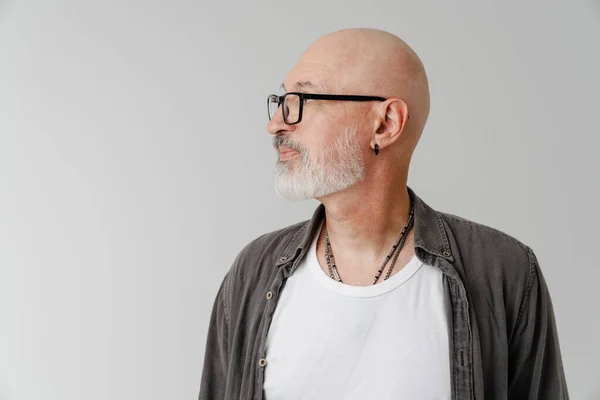 Bald European Man Eyeglasses Posing Looking Aside Isolated White Background — стоковое фото
