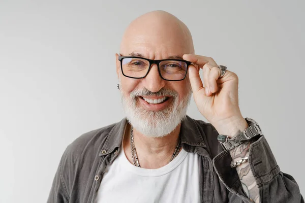 Bald European Man Eyeglasses Laughing Looking Camera Isolated White Background — Foto Stock