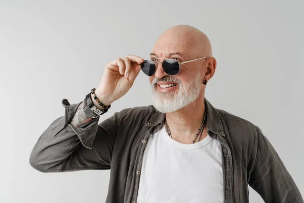 Bald European Man Sunglasses Laughing Looking Aside Isolated White Background — Foto Stock