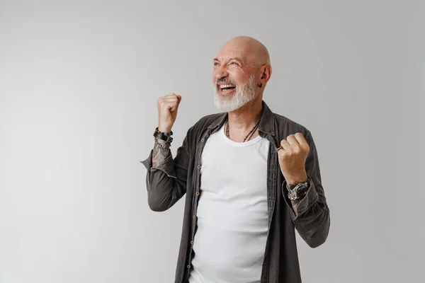 Bald European Man Beard Laughing Making Winner Gesture Isolated White — Foto Stock