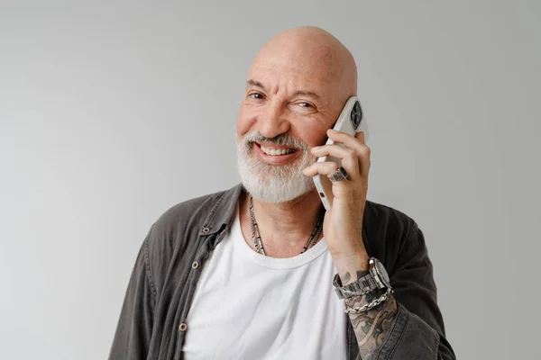 Bald European Man Beard Talking Using Mobile Phone Isolated White — стоковое фото