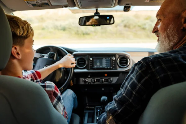 Happy Middle Aged Father His Preschooler Son Sitting Car Driving — Foto Stock