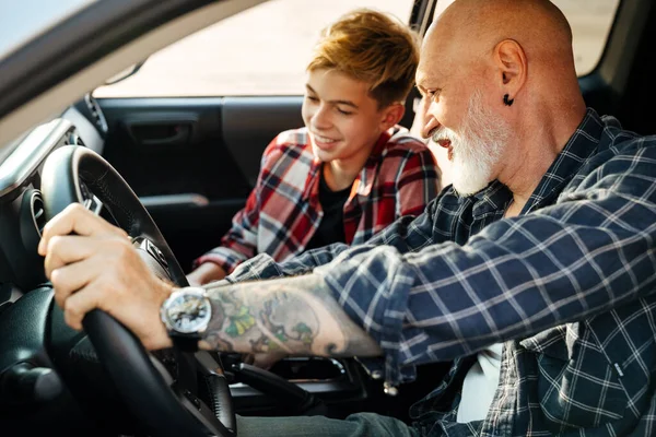 Happy Middle Aged Father His Preschooler Son Sitting Car Driving — Foto Stock