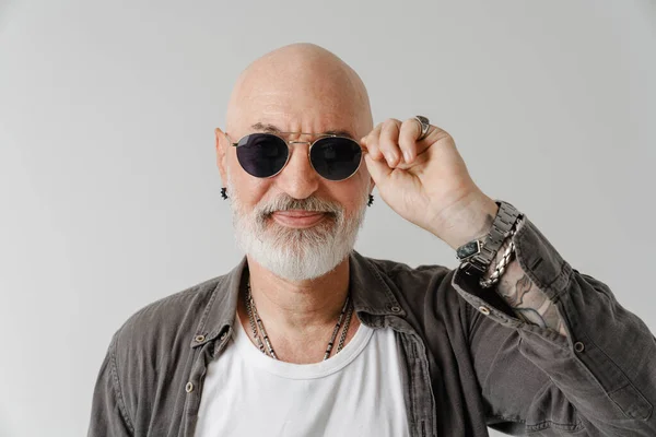 Bald European Man Sunglasses Smiling Looking Camera Isolated White Background — стоковое фото