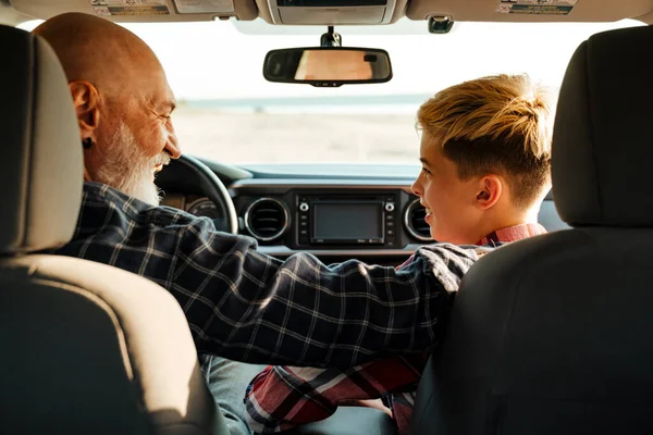 Happy Middle Aged Father His Preschooler Son Sitting Car Driving — Foto Stock