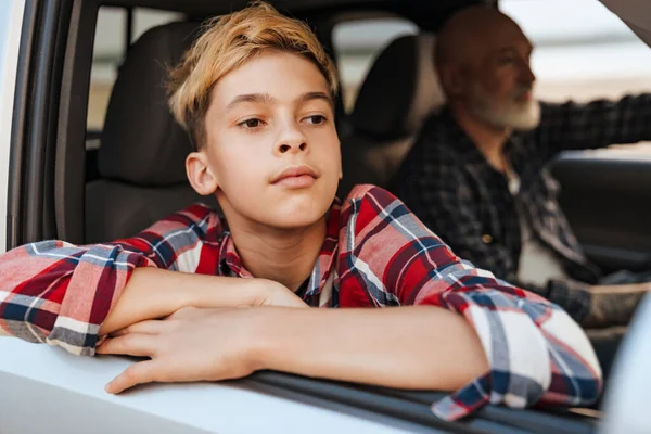 Happy Middle Aged Father His Preschooler Son Sitting Car Driving —  Fotos de Stock