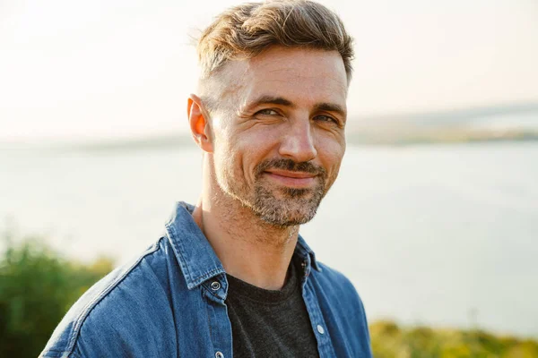 Grey European Man Smiling Looking Camera While Standing Outdoors — Fotografia de Stock