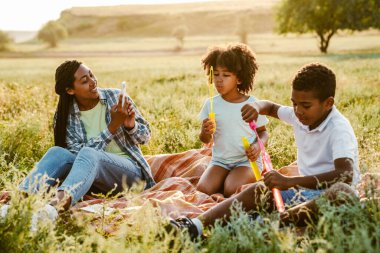 Siyah anne, yaz tarlasında piknik yaparken iki oğlunun fotoğrafını çekiyor.