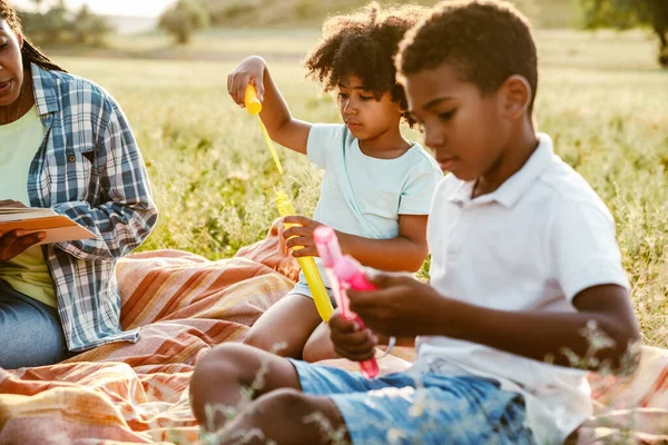 Siyah mutlu anne yaz tarlasında piknik yaparken iki oğluyla dinleniyor.