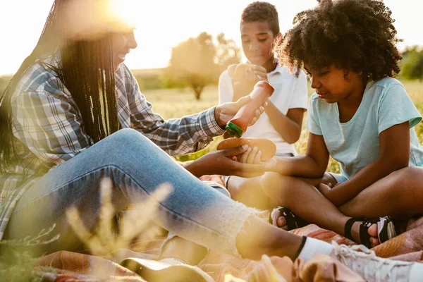 Black Happy Family Eating Hotdogs Picnic Summer Field — Photo