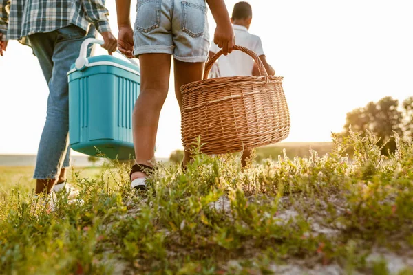 Siyah mutlu anne ve oğulları yaz tarlasında çantalarla yürüyorlar.
