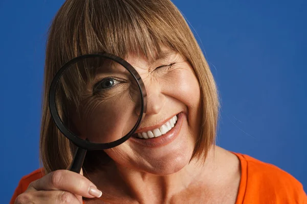Senior Woman Wearing Shirt Smiling While Posing Magnifier Isolated Blue —  Fotos de Stock