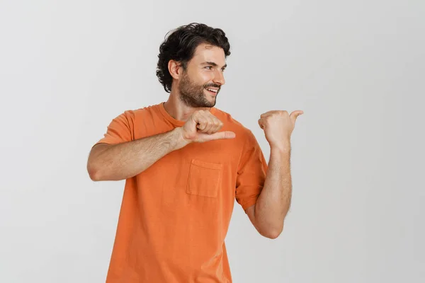 Young Brunette Man Bristle Smiling Pointing Fingers Aside Isolated White — Stock Photo, Image