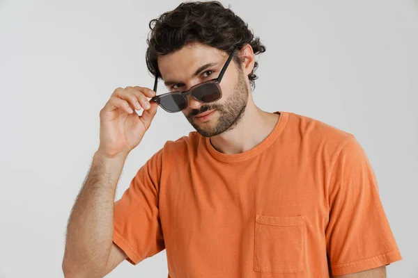 Young Brunette Man Wearing Sunglasses Looking Camera Isolated White Background — Foto de Stock