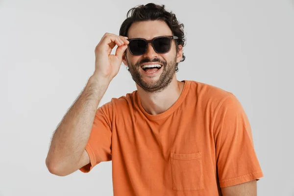 Young Brunette Man Sunglasses Laughing Looking Aside Isolated White Background — Foto de Stock