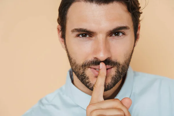 White Bristle Man Wearing Shirt Showing Silence Gesture Isolated Beige — Stock Photo, Image