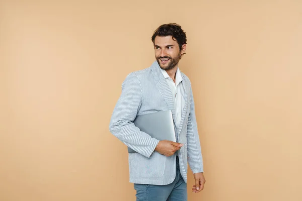 Young White Man Wearing Jacket Smiling While Posing Laptop Isolated — Foto de Stock