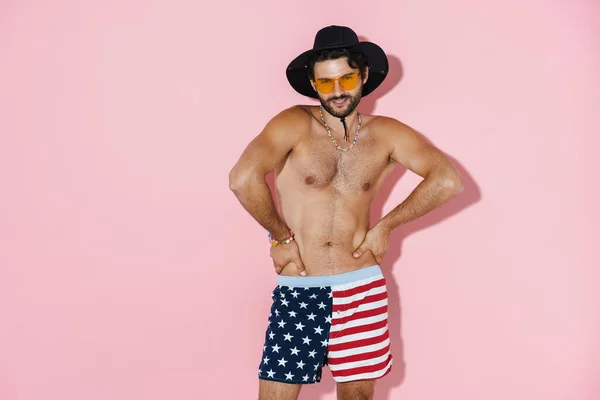 Young Shirtless Man Wearing Shorts Posing Looking Camera Isolated Pink — Fotografia de Stock