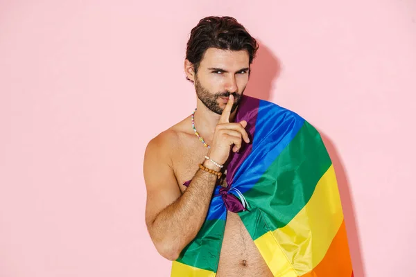 Young Shirtless Man Rainbow Flag Showing Silence Gesture Isolated Pink — Foto Stock