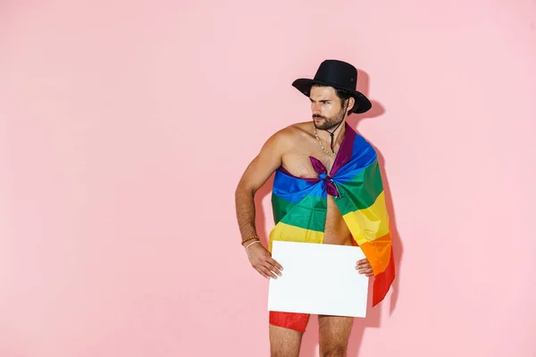 Young Shirtless Man Rainbow Flag Posing Showing Placard Isolated Pink — Foto Stock