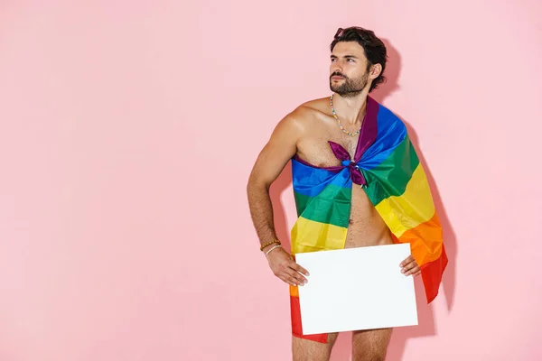Young Shirtless Man Rainbow Flag Posing Showing Placard Isolated Pink — Foto Stock