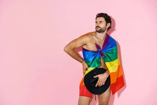 Young Naked Man Posing Rainbow Flag Hat Isolated Pink Background — ストック写真
