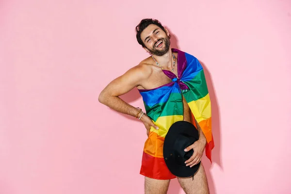 Young Naked Man Laughing While Posing Rainbow Flag Hat Isolated — ストック写真