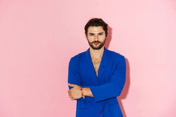 Young Man Wearing Blue Jacket Posing Looking Camera Isolated Pink — Photo