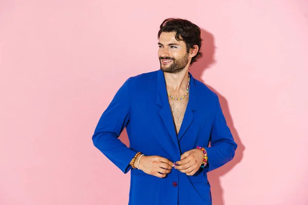 Young Man Wearing Blue Jacket Smiling Looking Aside Isolated Pink — Photo