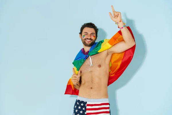 Young Man Rainbow Flag Dancing While Pointing Finger Upward Isolated — Foto Stock