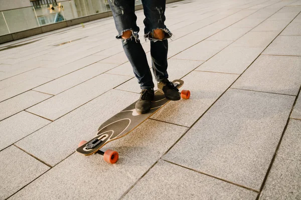 White Man Wearing Jeans Skateboarding Parking Outdoors — Fotografia de Stock