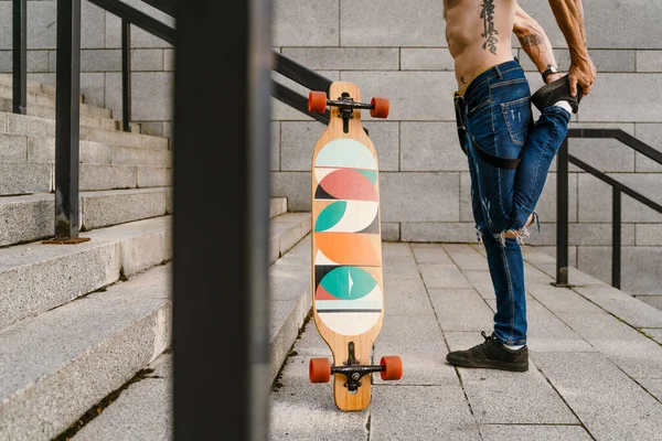 Adult White Shirtless Man Doing Workout Street Stairs Outdoors — Foto de Stock