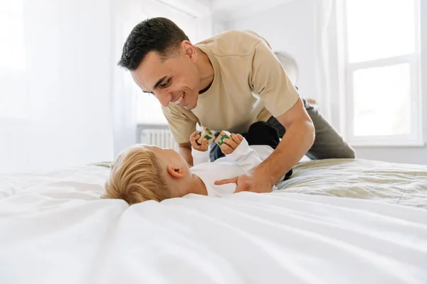 White Man His Son Playing Laughing While Spending Time Together — стокове фото