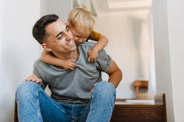 Young White Father Making Fun Playing His Son Stairs Home — Stock Photo, Image