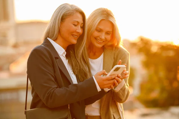 Volwassen Multiraciale Zakenvrouwen Glimlachen Het Gebruik Van Mobiele Telefoon Tijdens — Stockfoto