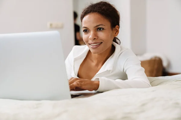 Young Black Woman Working Laptop While Sitting Floor Home — Photo