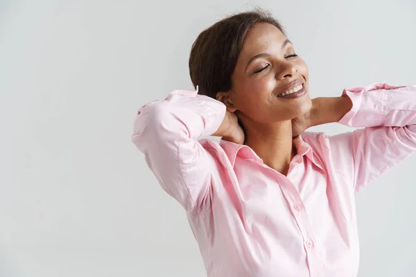 Young Black Woman Wearing Shirt Smiling While Holding Her Neck — Stock Photo, Image