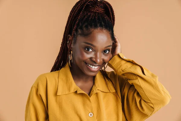 Young Black Woman Afro Pigtails Smiling Looking Camera Isolated Beige — Zdjęcie stockowe