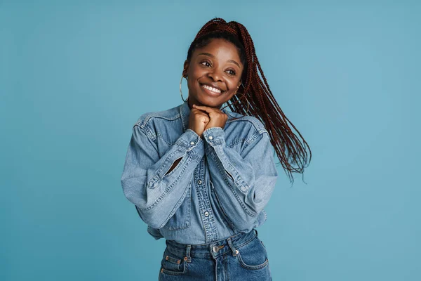 Young Black Woman Afro Pigtails Smiling Looking Aside Isolated Blue — Zdjęcie stockowe