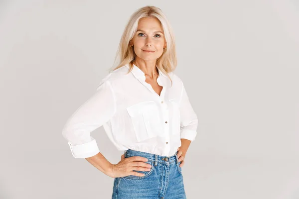 Mature Blonde Woman Wearing Shirt Smiling Looking Camera Isolated White — Stock Fotó