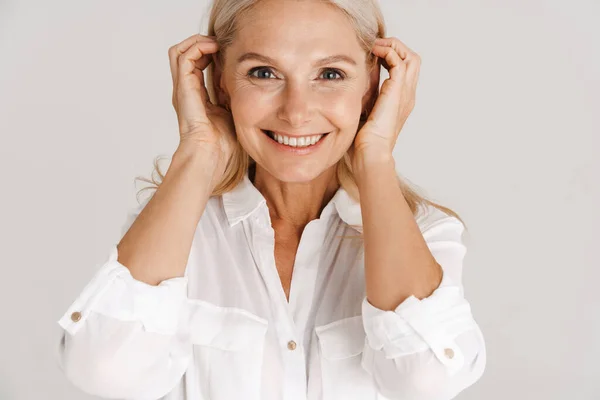 Mature Blonde Woman Wearing Shirt Smiling Looking Camera Isolated White — Foto Stock