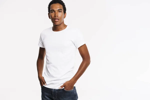 Young Black Man Dressed Shirt Posing Looking Camera Isolated White — Fotografia de Stock