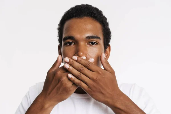 Young Black Man Shirt Covering His Mouth Looking Camera Isolated — Fotografia de Stock
