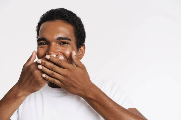 Young Black Man Shirt Smiling While Covering His Mouth Isolated — Stockfoto
