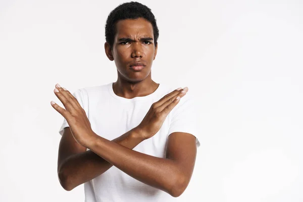 Young Black Man Frowning While Making Stop Gesture Isolated White — Foto Stock